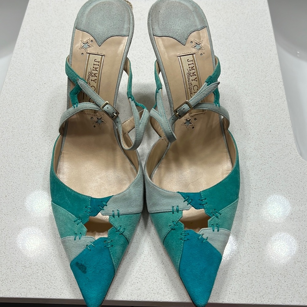 Green patterned suede Jimmy Choo sling backs